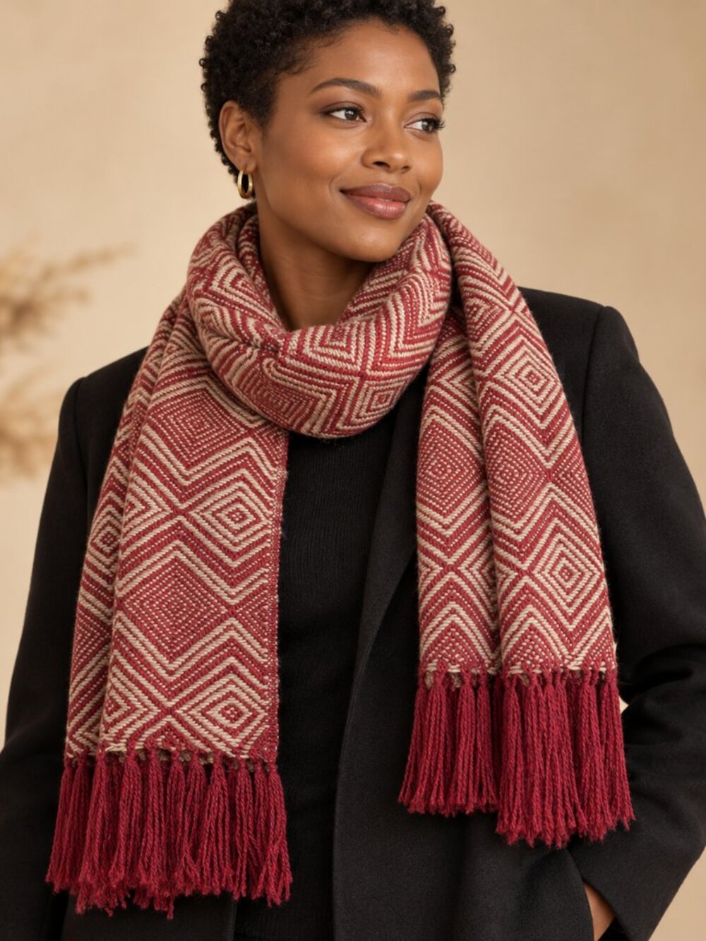 Artisan Wool Scarf | Burgundy & Cream Geometric Pattern